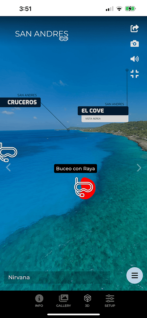 Vista desde el celular del recorrido 360° de San Andrés con puntos de interés